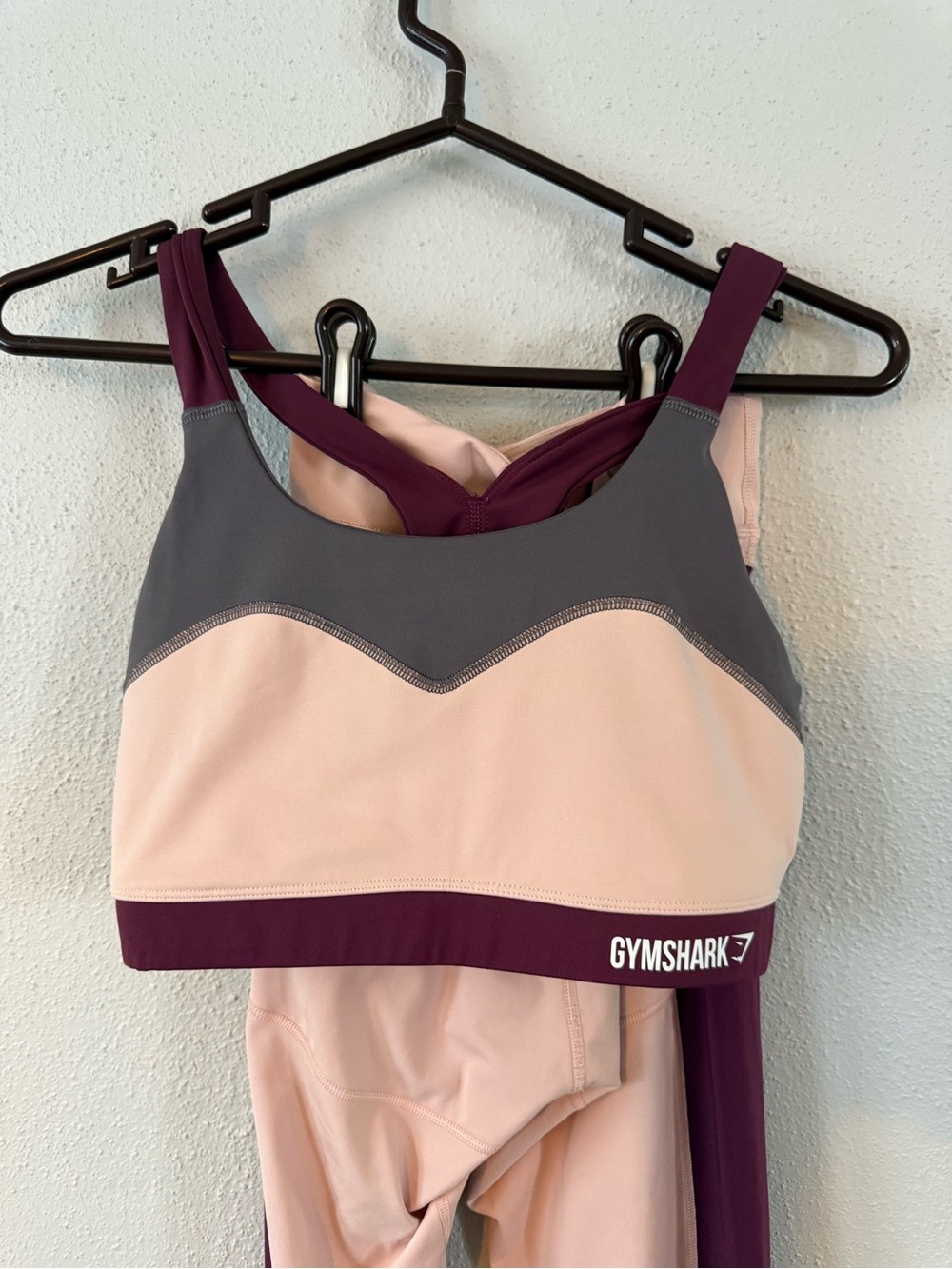 Gymshark Colorblock Sports Bra and leggings in Blush Pink, Charcoal & Plum
